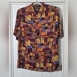 Vintage Harley Davidson Rayon License Plate Hawaiian Shirt Size M Multicolor